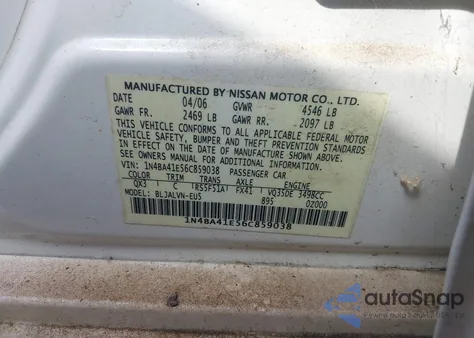 2006 Nissan Maxima 3.5 Se из США, поврежденный, VIN 1N4BA41E56C859038